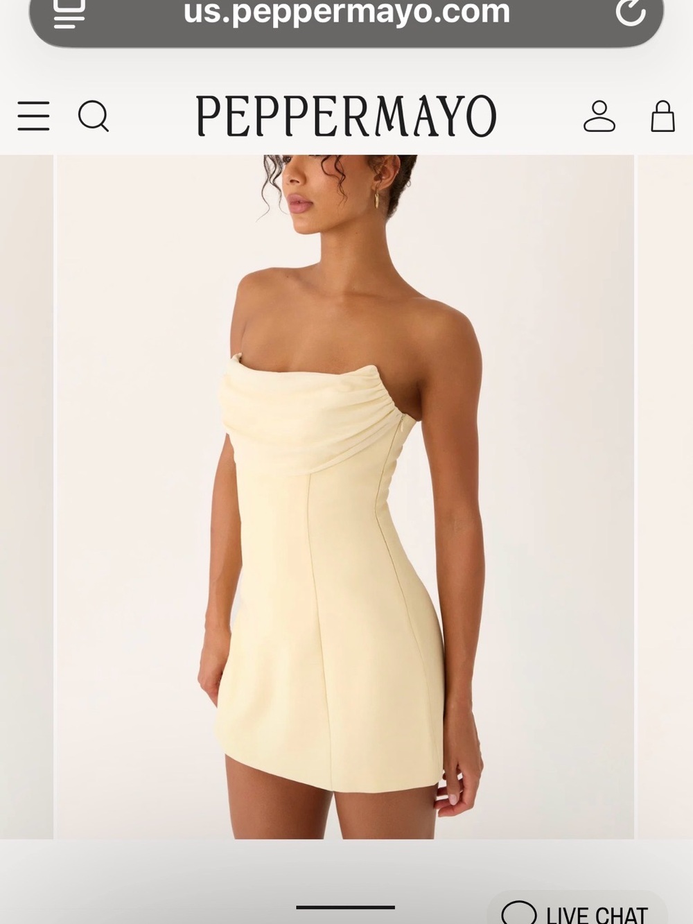 Peppermayo Pale Yellow Strapless Mini Dress with Draped Neckline